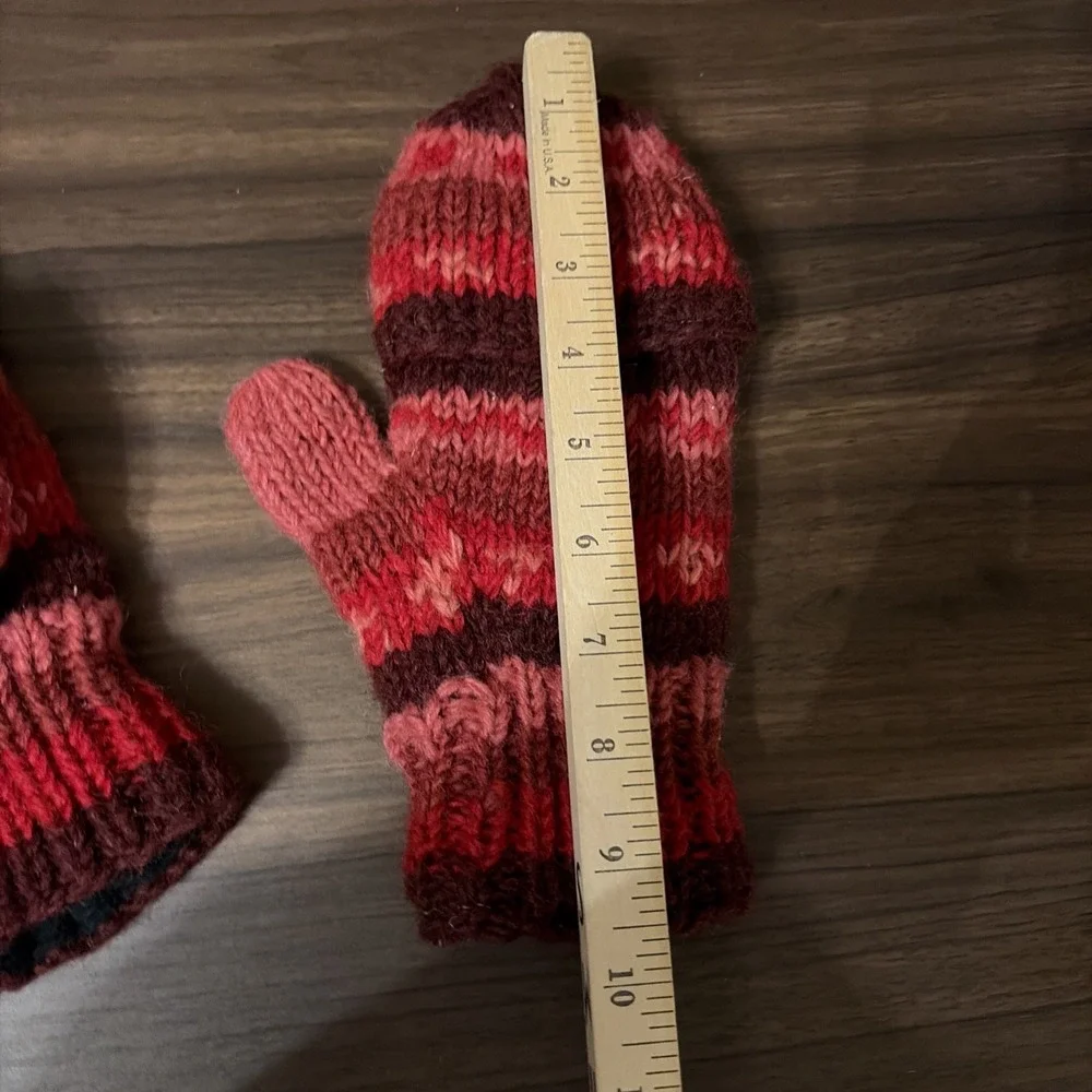 Made In Nepal Wool Fleece Lined Fingerless Gloves Convertible Mittens Red Pink
